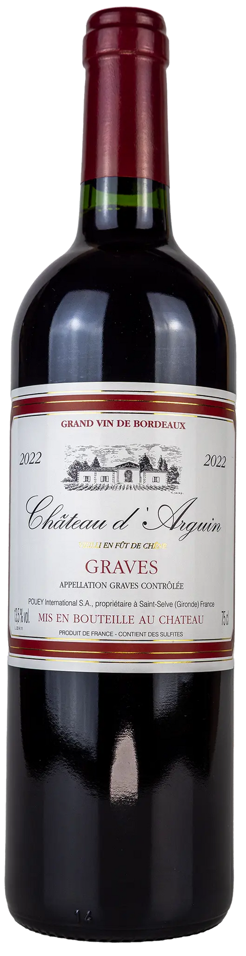 Vorderansicht der Weinflasche von Château d´Arguin 2022 aus dem Graves, Bordeaux. Ein trockener französischer Rotwein von Leons Weinhaus.