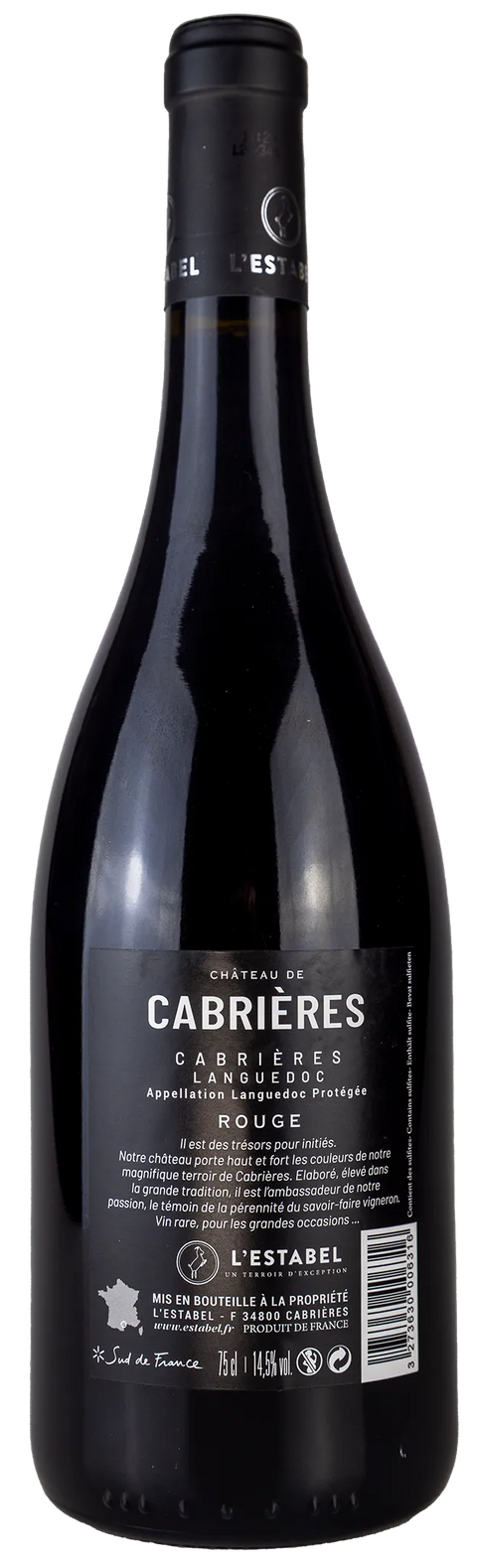 Rückseite einer Weinflasche Château de Cabrières 2019 aus dem Languedoc, mit den Rebsorten Syrah, Grenache ein trockener französischer Rotwein von Leons Weinhaus.