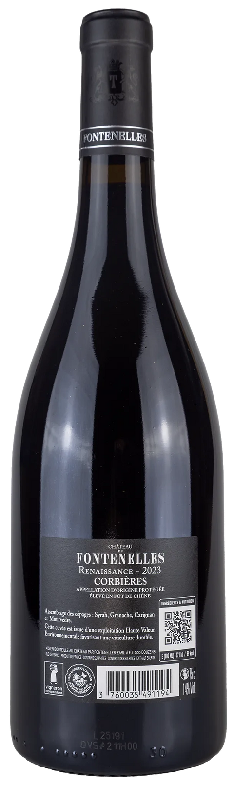 Rückseite einer Weinflasche Château de Fontenelles 'Renaissance' 2023 aus dem Languedoc, mit den Rebsorten Syrah, Grenache, Carignan, Mourvédre, ein trockener französischer Rotwein  von Leons Weinhaus.