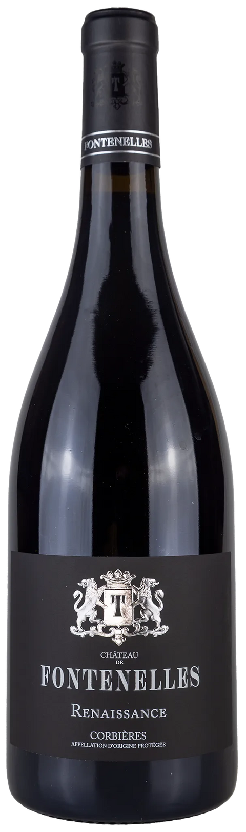 Vorderansicht der Weinflasche Château de Fontenelles 'Renaissance' 2023 aus dem Languedoc, mit den Rebsorten Syrah, Grenache, Carignan, Mourvédre, ein trockener französischer Rotwein von Leons Weinhaus