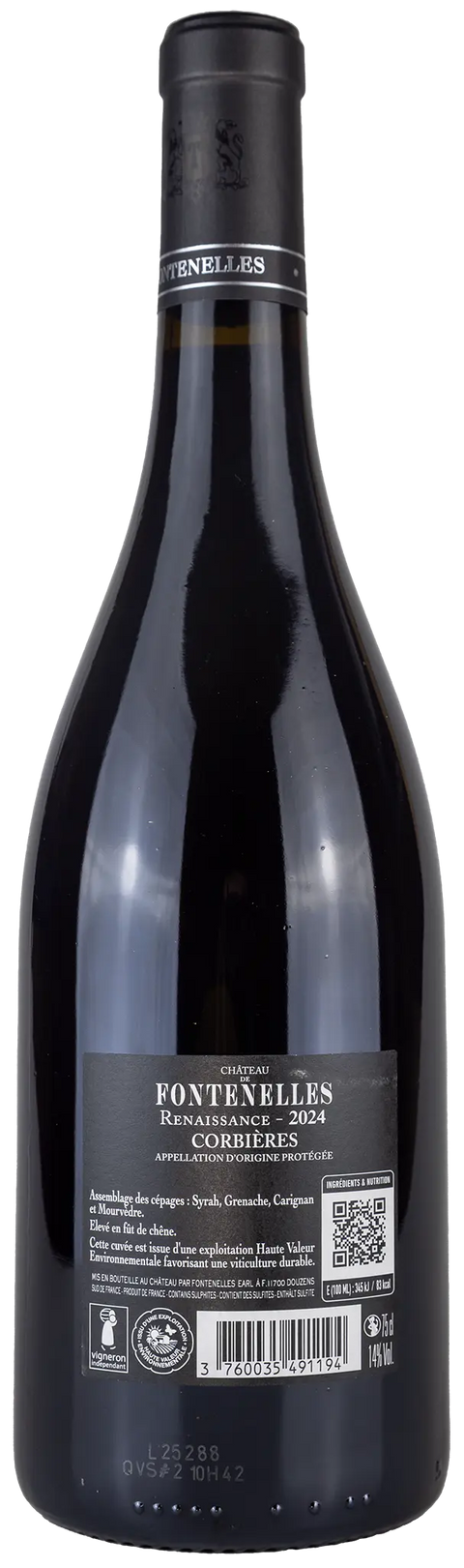 Nahaufnahme des Etiketts von Château de Fontenelles Renaissance 2024 aus dem Corbières, Languedoc mit Details zu den Rebsorten und Wein.