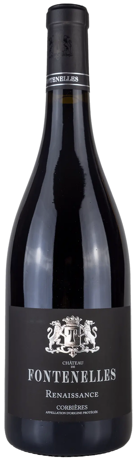 Vorderansicht der Weinflasche Château de Fontenelles Renaissance 2024 aus dem Corbières, Languedoc. Ein trockener französischer Rotwein von Leons Weinhaus.