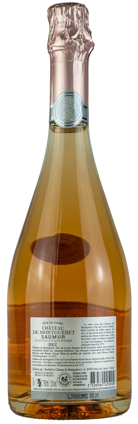 Rückseite einer Weinflasche Château de Montgueret Saumur Sec, französischer Rosé Schaumwein bei Leons Weinhaus
