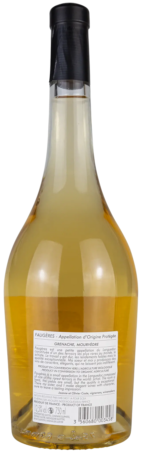 Rückseite einer Weinflasche Château des Adouzes 'Le tigre' 2022 aus dem Languedoc, ein trockener französischer Roséwein von Leons Weinhaus
