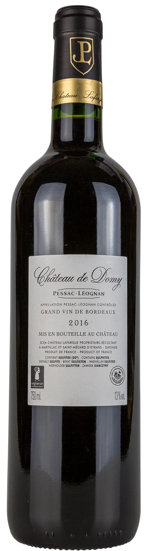 Rückseite einer Weinflasche Château de Domy 2016, aus Pessac-Léognan - Bordeaux, ein trockener französischer Rotwein von Leons Weinhaus