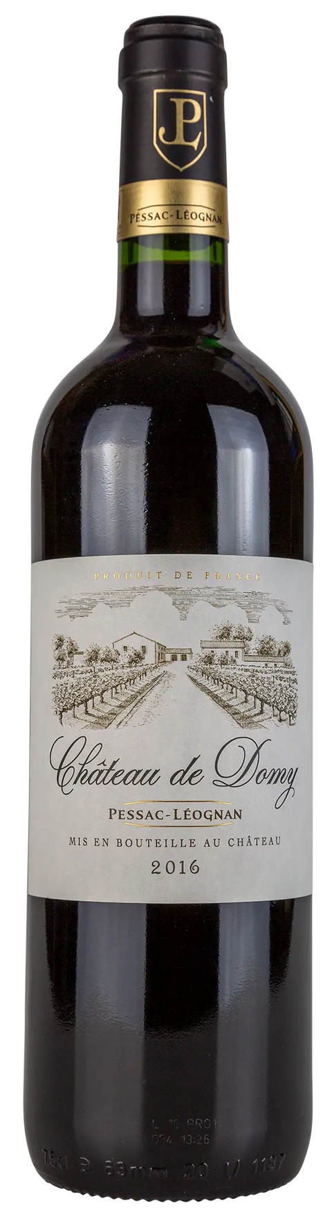 Vorderseite einer Weinflasche Château de Domy 2016, aus Pessac-Léognan - Bordeaux, ein trockener französischer Rotwein von Leons Weinhaus