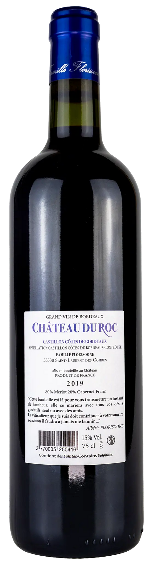 Nahaufnahme des Etikets von Chateau du Roc 2019 Castillon Bordeaux mit Details zu den Rebsorten Merlot und Cabernet Franc. Ein trockener französischer Rotwein von Leons Weinhaus.