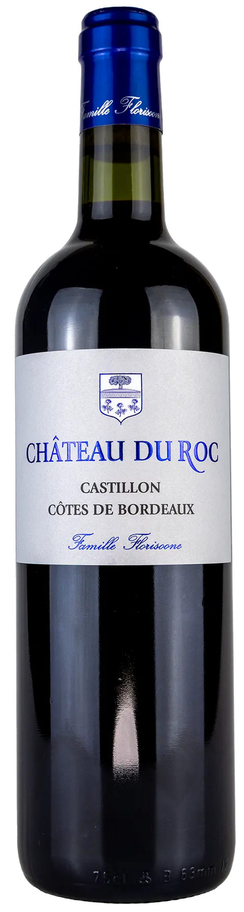 Vorderansicht der Weinflasche Château du Roc 2019 Castillon aus dem Bordeaux. Ein trockener, kräftiger französischer Rotwein. Ein trockener französischer Rotwein von Leons Weinhaus.
