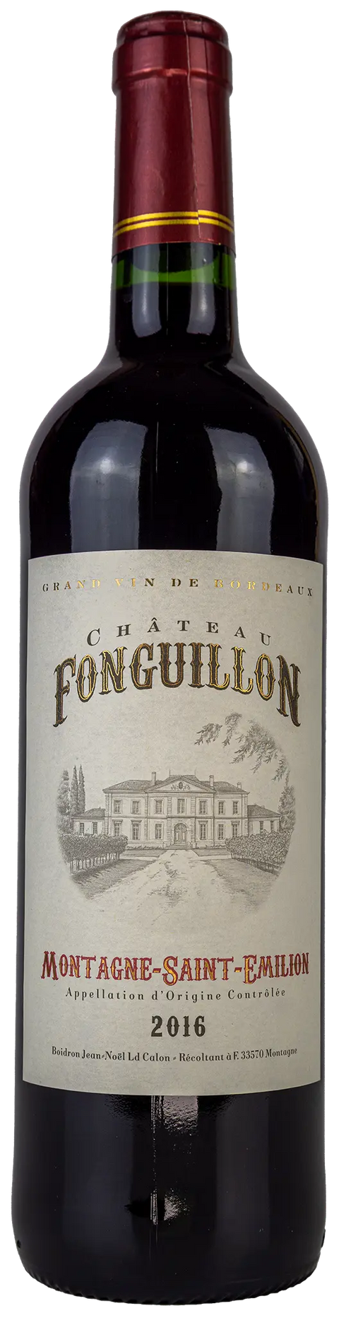 Vorderansicht der Weinflasche von Château Fonguillon 2016 aus dem Montagne Saint Emilion, Bordeaux. Ein trockener französischer trinkreifer Rotwein von Leons Weinhaus.