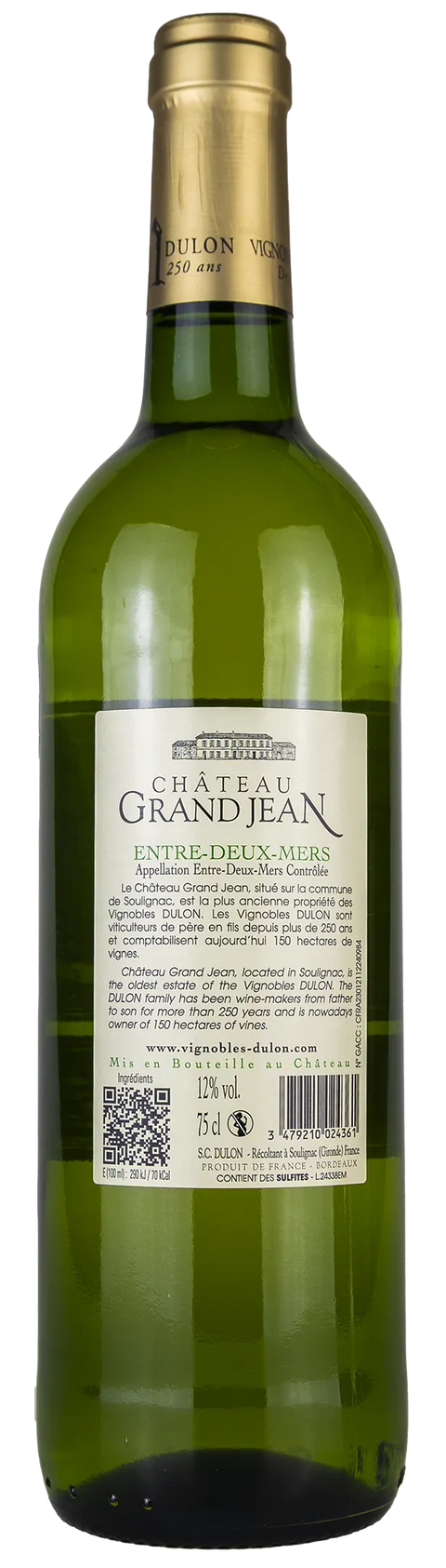 Rückseite  einer Weinflasche Château Grand-Jean 'Cuvée Elégance' 2024  aus Entre-Deux-Mers - Bordeaux, ein trockener französischer Weißwein mit Goldmedaille von Leons Weinhaus