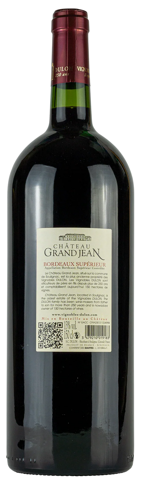 Rückseite einer MAGNUM Weinflasche, Château Grand-Jean 'Cuvée Elégance' 2019 , aus Bordeaux, ein trockener Rotwein mit GOLDMEDAILLE von Leons Weinhaus