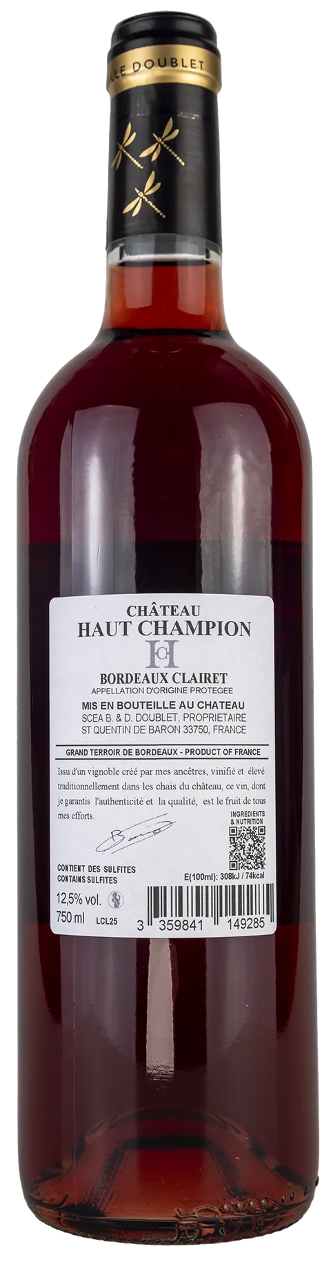 Rückseite einer Weinflasche Château Haut Champion 2024  aus  Bordeaux, Merlot Traube,  Clairet, ein trockener französischer Rosewein. 