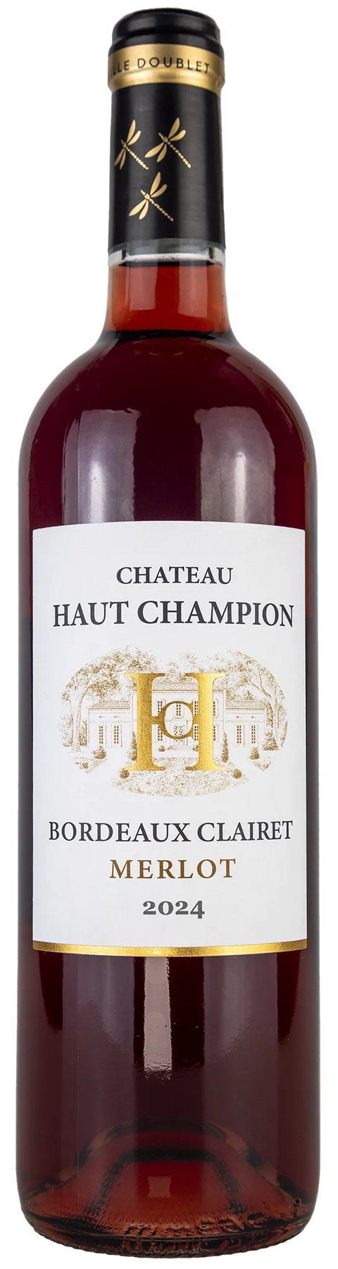 Vorderseite einer Weinflasche Château Haut Champion 2024  aus  Bordeaux, Merlot Traube,  Clairet, ein trockener französischer Rosewein. 