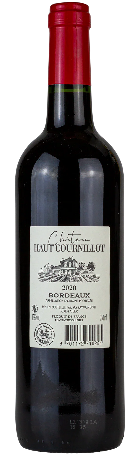 Rückseite der Weinflasche Château Haut Cournillot 2020 aus dem Bordeaux. Ein trockener französischer Rotwein von Leons Weinhaus 