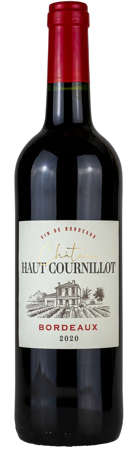 Vorderansicht der Weinflasche Château Haut Cournillot 2020 aus dem Bordeaux. Ein trockener französischer Rotwein von Leons Weinhaus