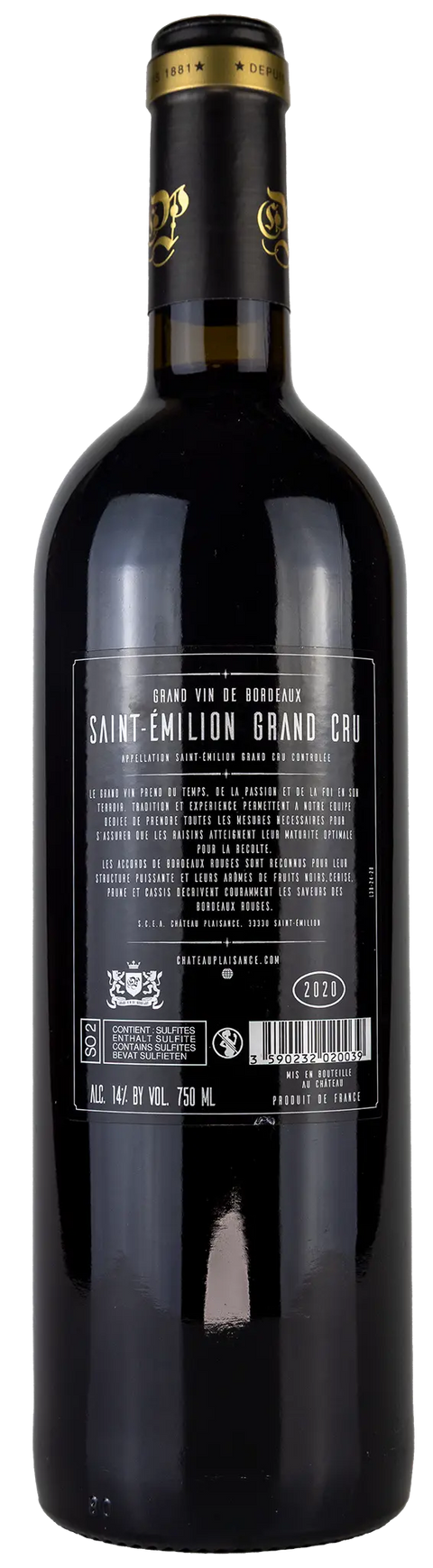 Nahaufnahme des Etiketts von Chateau Haut Plaisance 2020 Saint Emilion Grand Cru, Bordeaux mit Details zu dem Wein. Ein Rotwein von Leons Weinhaus