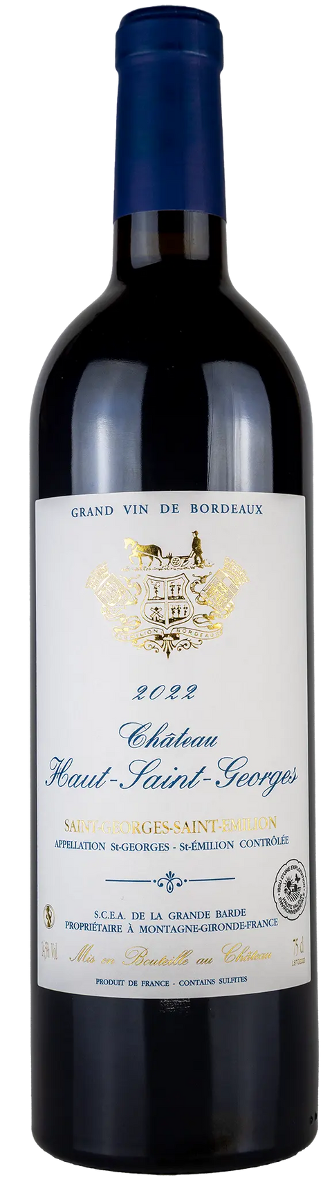 Vorderansicht der Weinflasche Château Haut-Saint-Georges 2022 aus dem Saint-Georges-Saint-Emilion, Bordeaux. Ein trockener französischer Rotwein. 