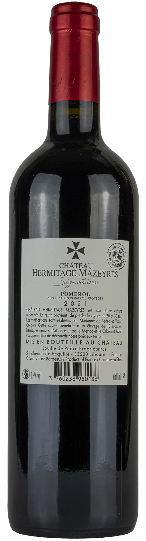 Rückseite einer Weinflasche Château Hermitage Mazeyres 'Signature' 2021 aus Pomerol - Bordeaux. Ein trockener französischer Rotwein von Leons Weinhaus.