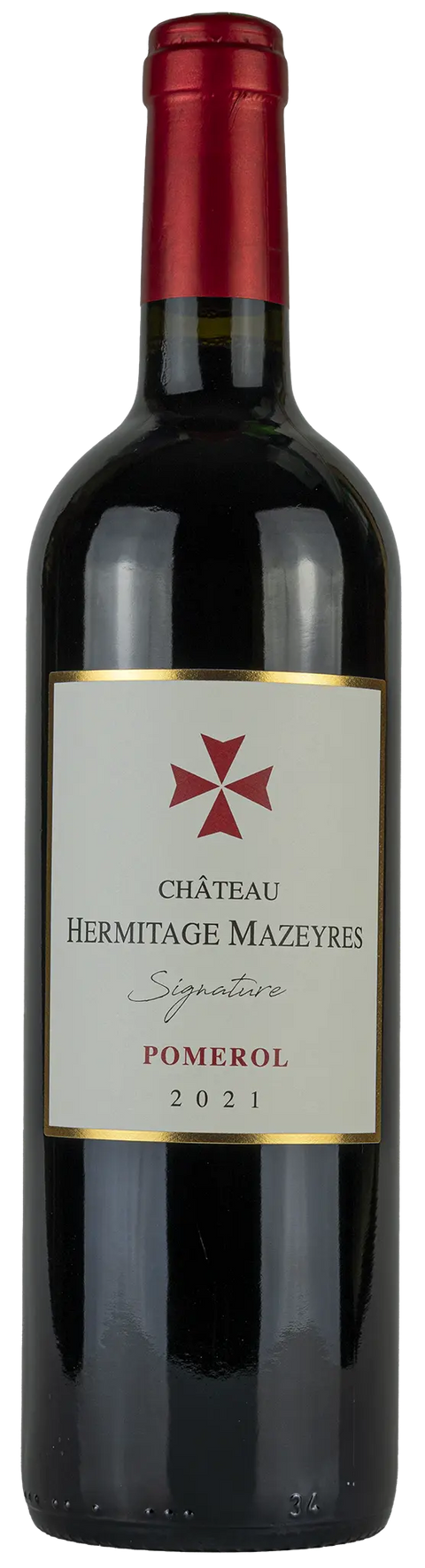 Vorderseite einer Weinflasche Château Hermitage Mazeyres 'Signature' 2021 aus Pomerol - Bordeaux. Ein trockener französischer Rotwein von Leons Weinhaus.
