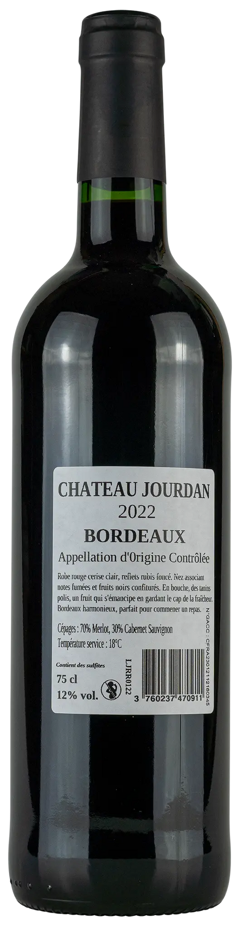Rückseite einer Weinflasche Château Jourdan 2022, aus Bordeaux ein trockener Rotwein von Leons Weinhaus