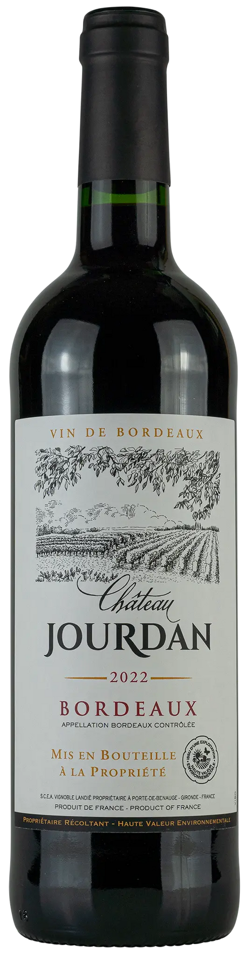 Vorderseite einer Weinflasche Château Jourdan 2022, aus Bordeaux ein trockener Rotwein von Leons Weinhaus