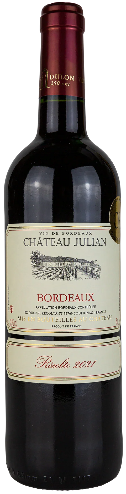 Vorderseite einer Weinflasche Château Julian Bordeaux Rotwein 2021, französischer Rotwein mit Goldmedaille bei Leons Weinhaus