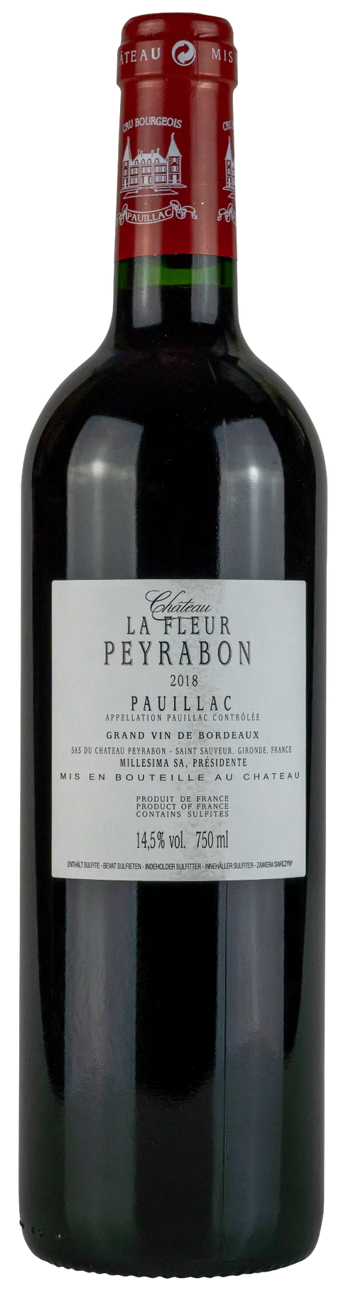 Vorderseite einer Weinflasche Château La Fleur Peyrabon 2018 aus Pauillac - Bordeaux. Einem trockenen französischen Rotwein von Leons Weinhaus
