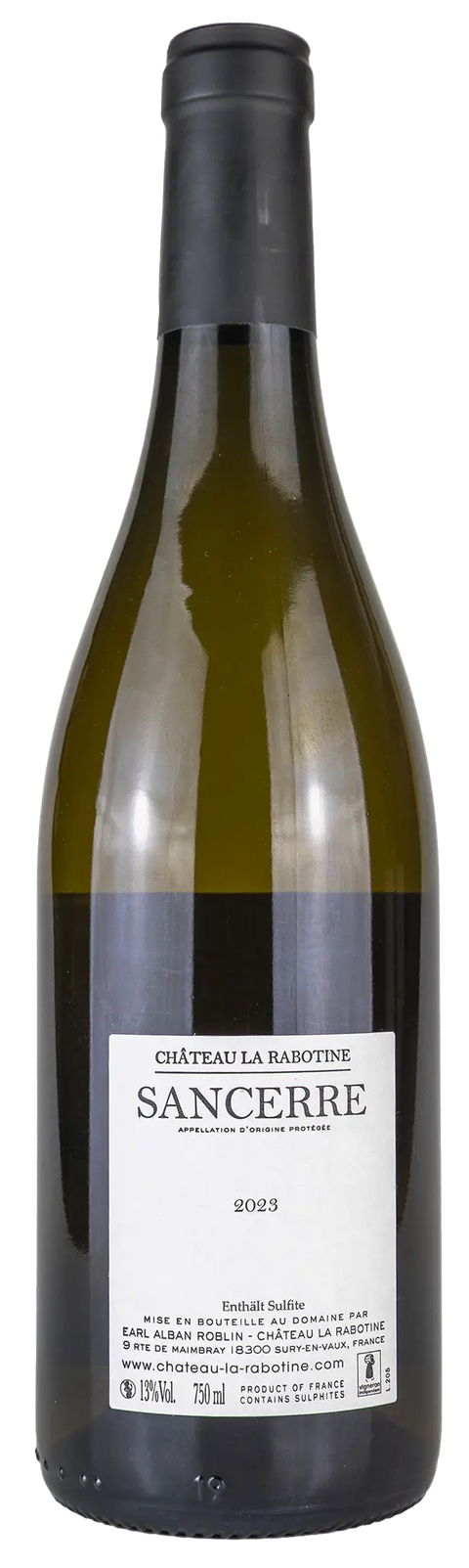Rückseite einer Weinflasche Château La Rabotine 'Sancerre' 2023 von der Loire, ein trockener Sauvignon Blanc Weisswein von der Loire von Leons Weinhaus