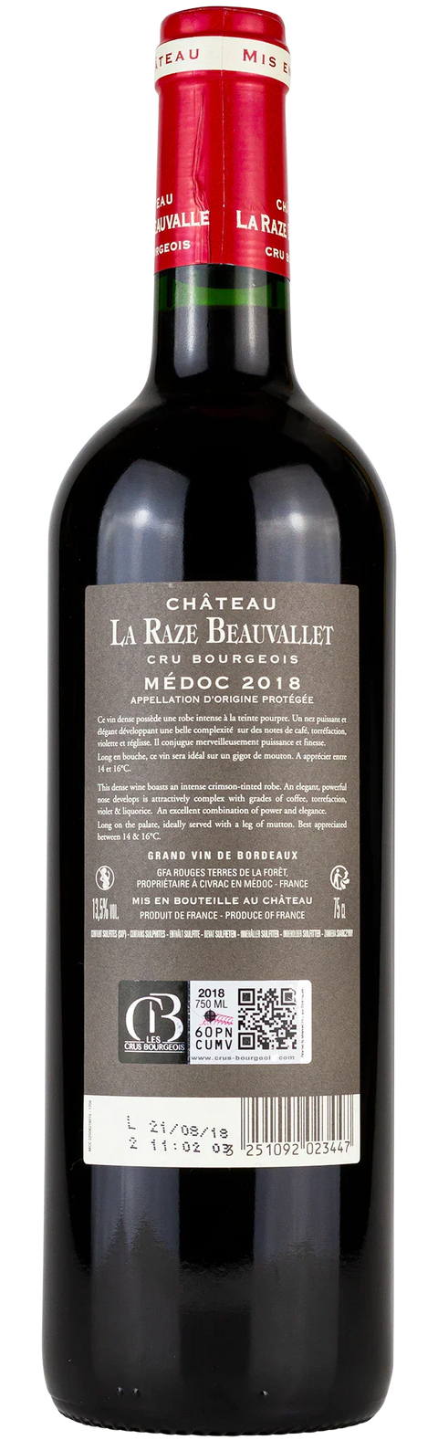Rückseite einer Weinflasche Château La Raze Beauvallet 2018 Cru Bourgeois, Goldmedaille, Médoc Bordeaux, ein Rotwein von Leons Weinhaus