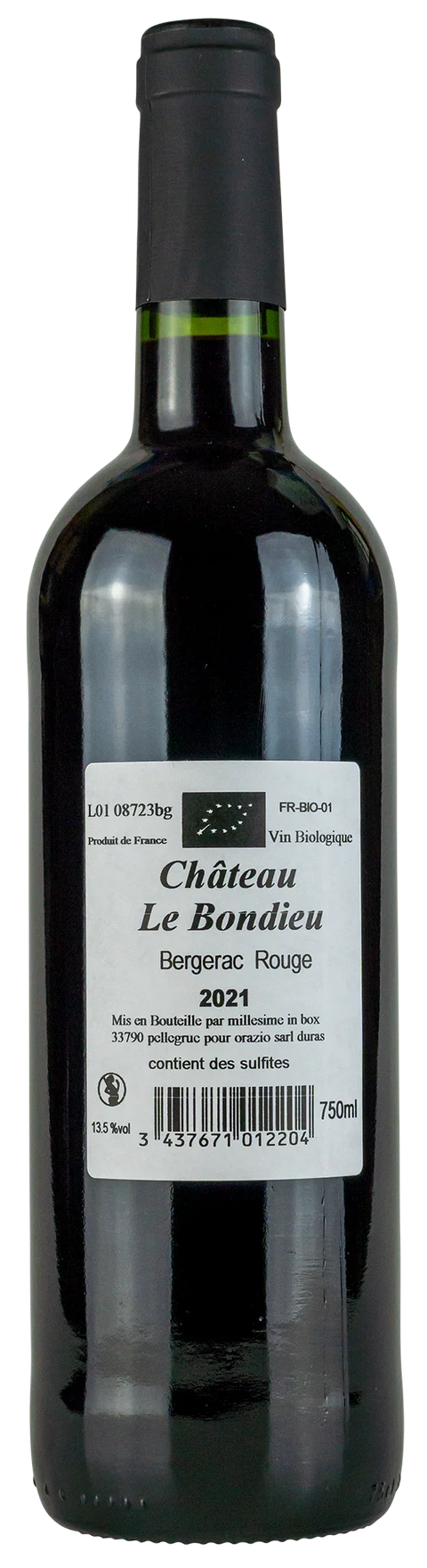 Vorderseite einer Weinflasche Château le Bondieu Bergerac,  Bio , aus der Region Süd-West, ein französischer Rotwein von Leons Weinhaus