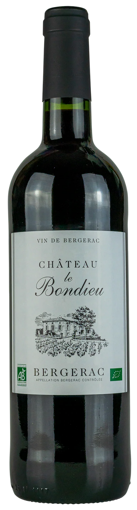 Vorderseite einer Weinflasche Château le Bondieu Bergerac,  Bio , aus der Region Süd-West, ein französischer Rotwein von Leons Weinhaus