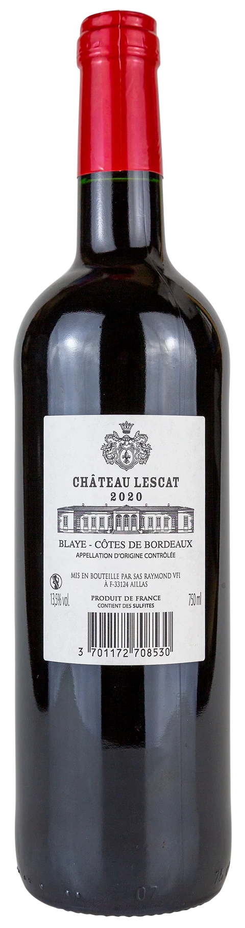 Rückseite der Château Lescat 2020 Bordeaux Rotweinflasche mit Etikett, 750ml, Leons Weinhaus