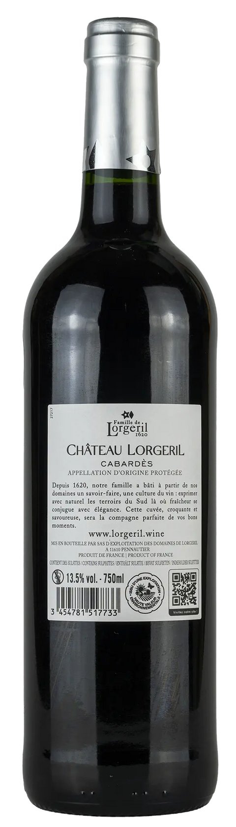Rückseite einer Weinflasche Château Lorgeril 2021 aus Cabardès - Languedoc. Ein trockener französischer Rotwein von Leons Weinhaus