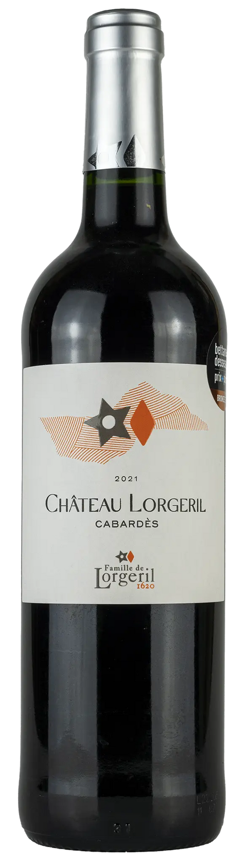 Vorderseite einer Weinflasche Château Lorgeril 2021 aus Cabardès - Languedoc. Ein trockener französischer Rotwein von Leons Weinhaus
