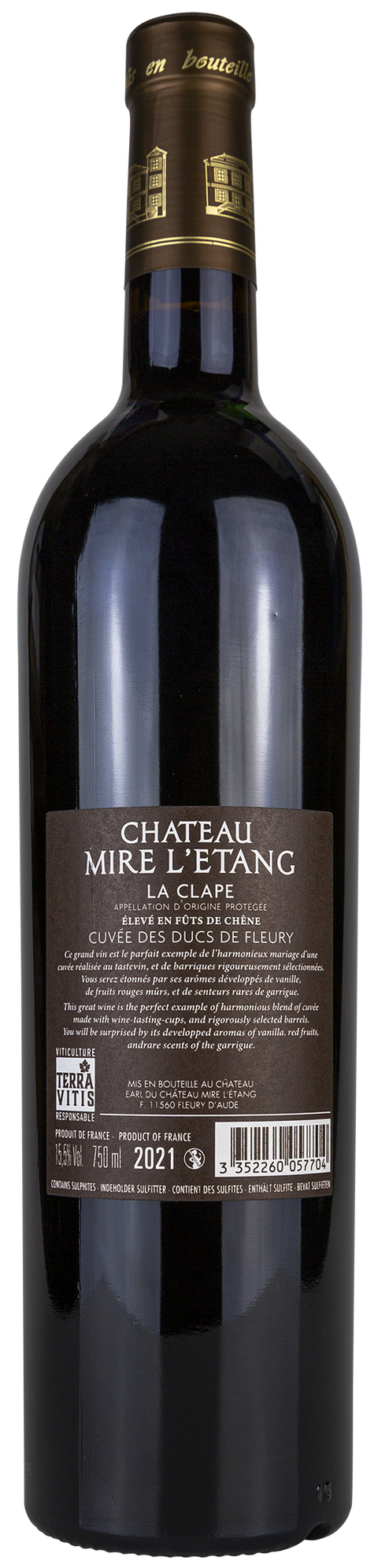 Rückseite einer Weinflasche Château Mire l´Étang 'Ducs de Fleury' 2021, aus La Clape - Languedoc, ein trockener französischer Rotwein mit Goldmedaille von Leons Weinhaus