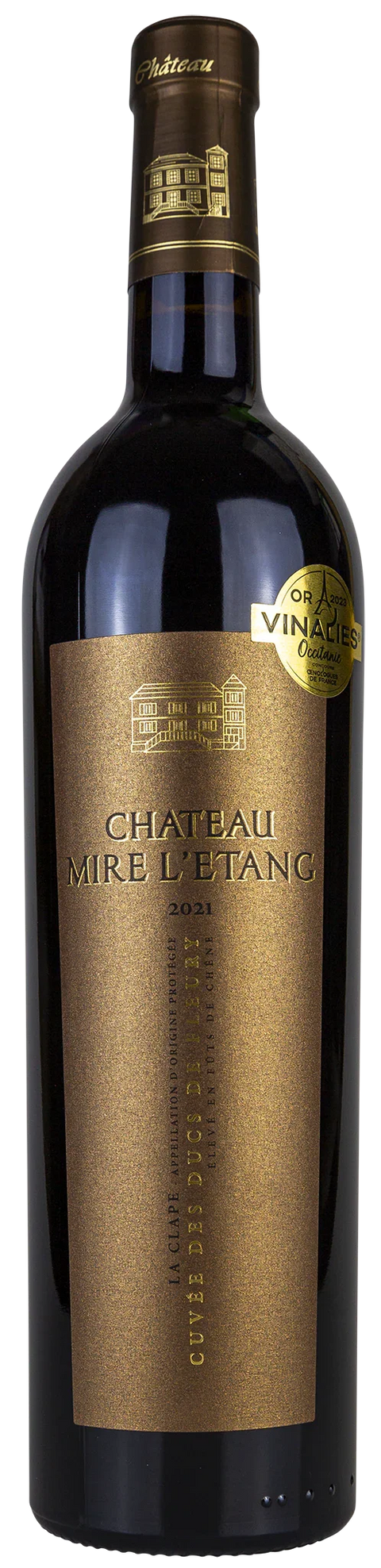 Vorderseite einer Weinflasche Château Mire l´Étang 'Ducs de Fleury' 2021, aus La Clape - Languedoc, ein trockener französischer Rotwein mit Goldmedaille von Leons Weinhaus
