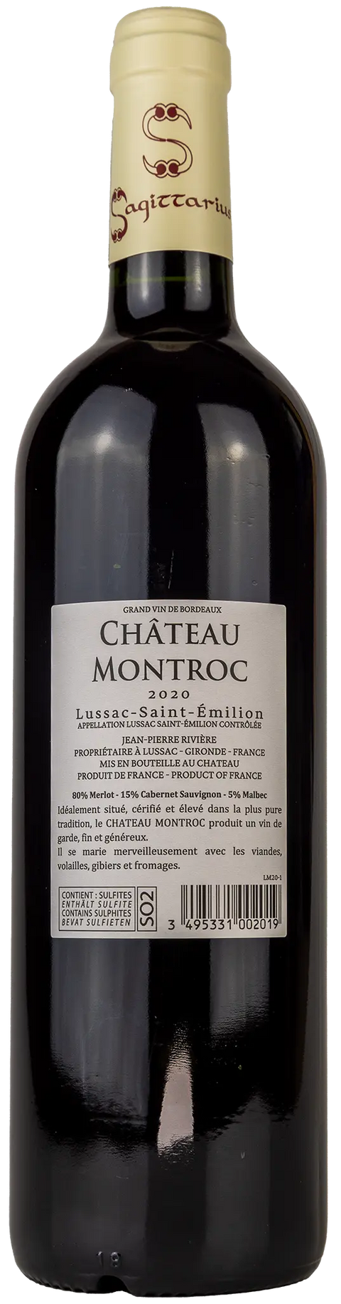 Nahaufnahme des Etiketts von Château Montroc 2020 aus dem Lussac-Saint-Émilion, Bordeaux mit Details zu den Rebsorten Merlot, Cabernet Sauvignon und Malbec. 