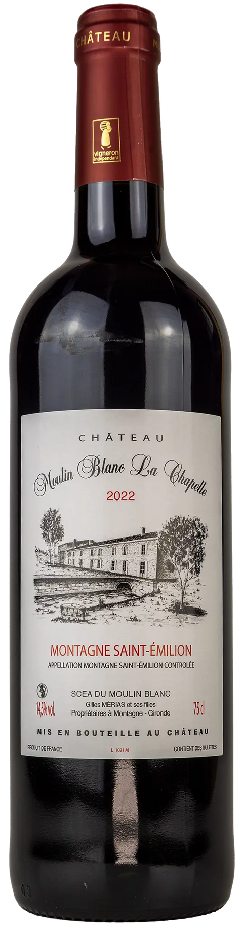 Vorderansicht der Weinflasche Château Moulin Blanc La Chapelle 2022 aus dem Montagne Saint-Émilion, Bordeaux. Ein trockener französischer Rotwein von Leons Weinhaus. 