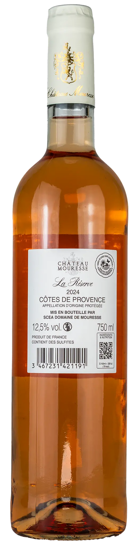 Rückseite einer Weinflasche Château Mouresse 'La Réserve' 2024 aus der Côtes de Provence, ein trockener Französischer Roséwein von Leons Weinhaus