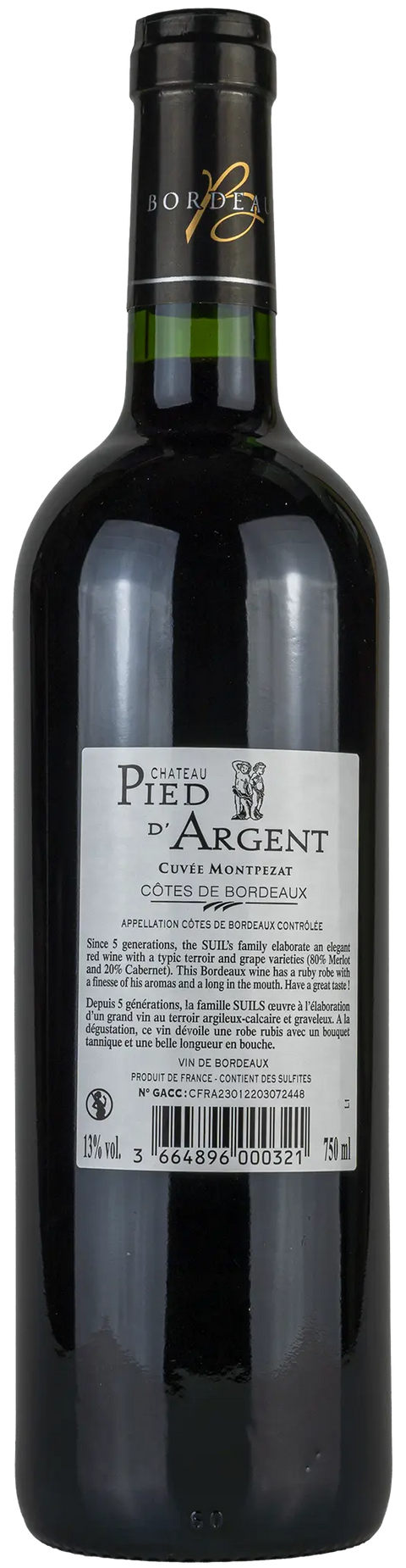 Rückseite einer Weinflasche Château Pied d´Argent 'Cuvée Montpezat' 2021 von der Côtes de Bordeaux - Bordeaux. Ein trockener französischer Rotwein von Leons Weinhaus