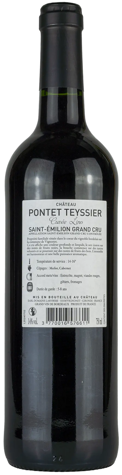 Rückseite einer Weinflasche Château Pontet Teyssier 'Cuvée Lino' 2022 aus St. Émilion Grand Cru - Bordeaux. ein trockener französischer Spitzen Rotwein von Leons Weinhaus