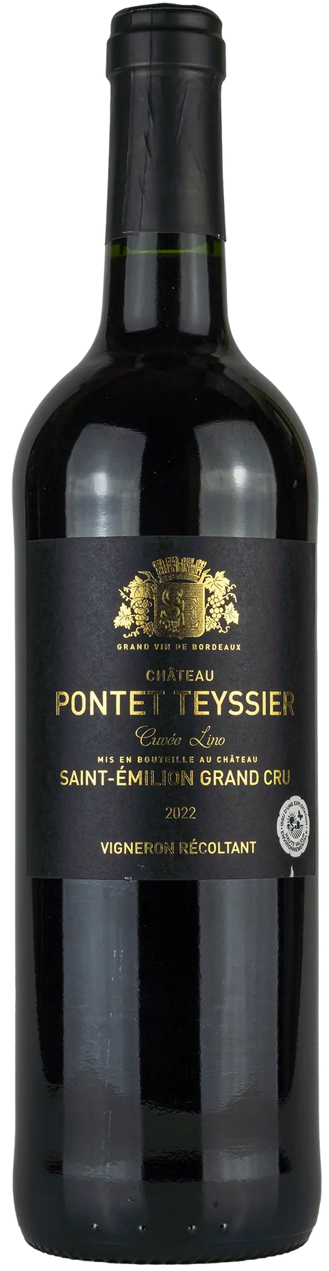 Vorderseite einer Weinflasche Château Pontet Teyssier 'Cuvée Lino' 2022 aus St. Émilion Grand Cru - Bordeaux. ein trockener französischer Spitzen Rotwein von Leons Weinhaus