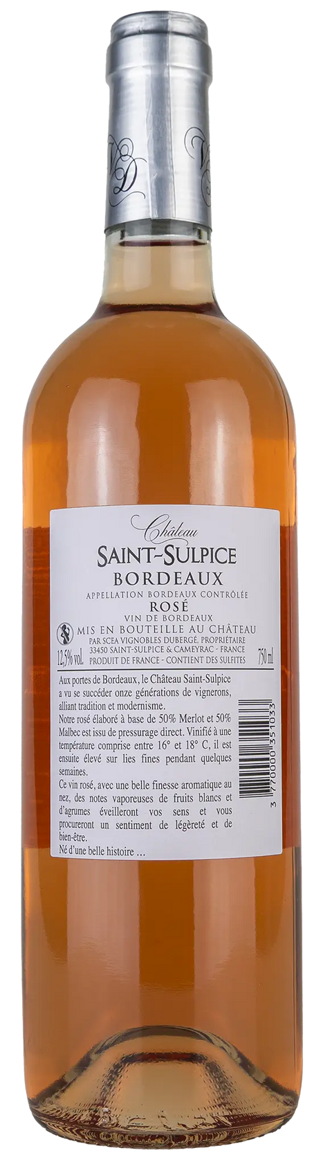 Rückseite einer Weinflasche Château Saint-Sulpice 2023 aus Bordeaux, Ein trockener Roséwein von Leons Weinhaus