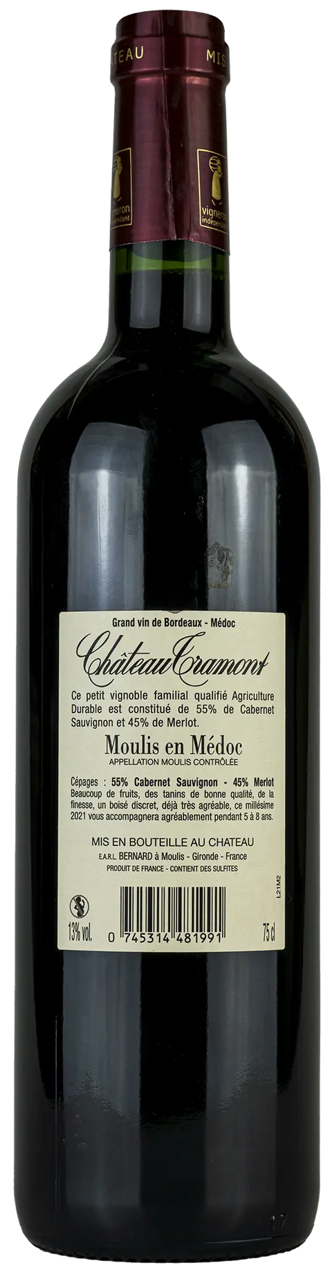 Rückseite einer Weinflasche Château Tramont 2021 aus dem Moulis-en-Médoc - Bordeaux. Ein trockener franzsischer Rotwein von Leons Weinhaus