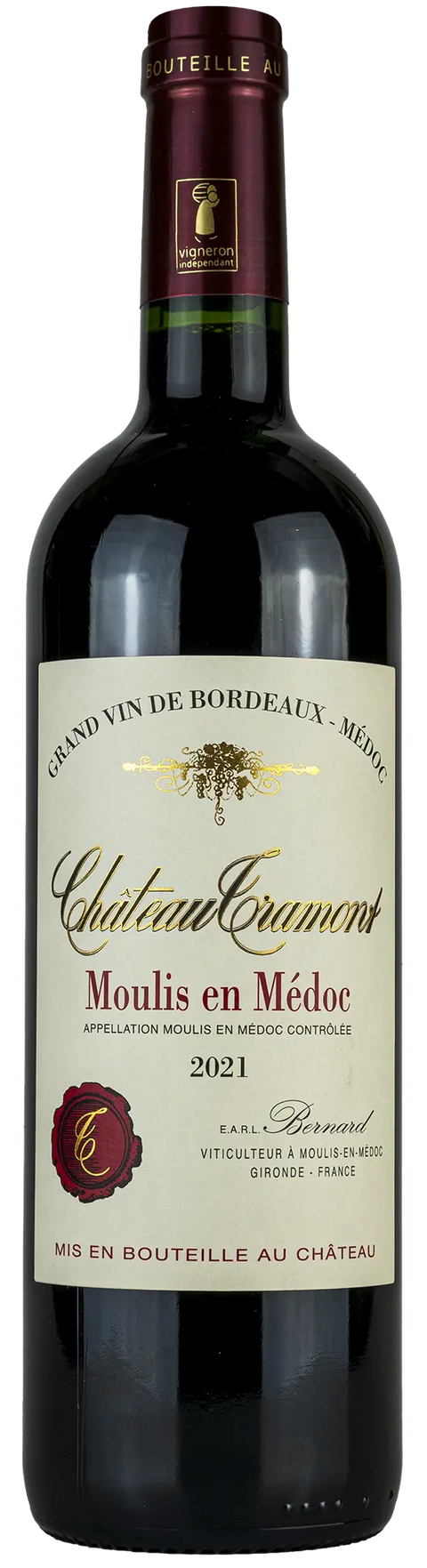 Vorderseite einer Weinflasche Château Tramont 2021 aus dem Moulis-en-Médoc - Bordeaux. Ein trockener franzsischer Rotwein von Leons Weinhaus
