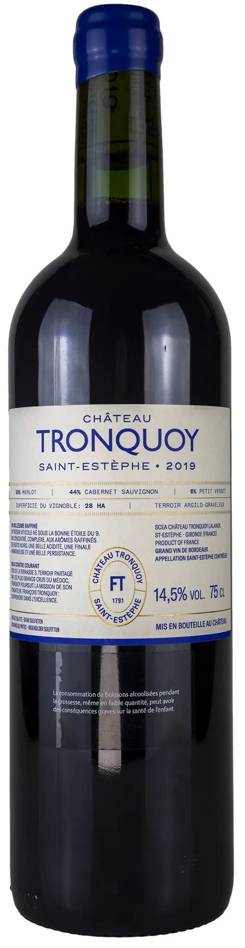 Rückseite einer Weinflasche Château Tronquoy 2019 aus Saint Estèphe - Bordeaux. Ein trockener französischer Rotwein von Leons Weinhaus.