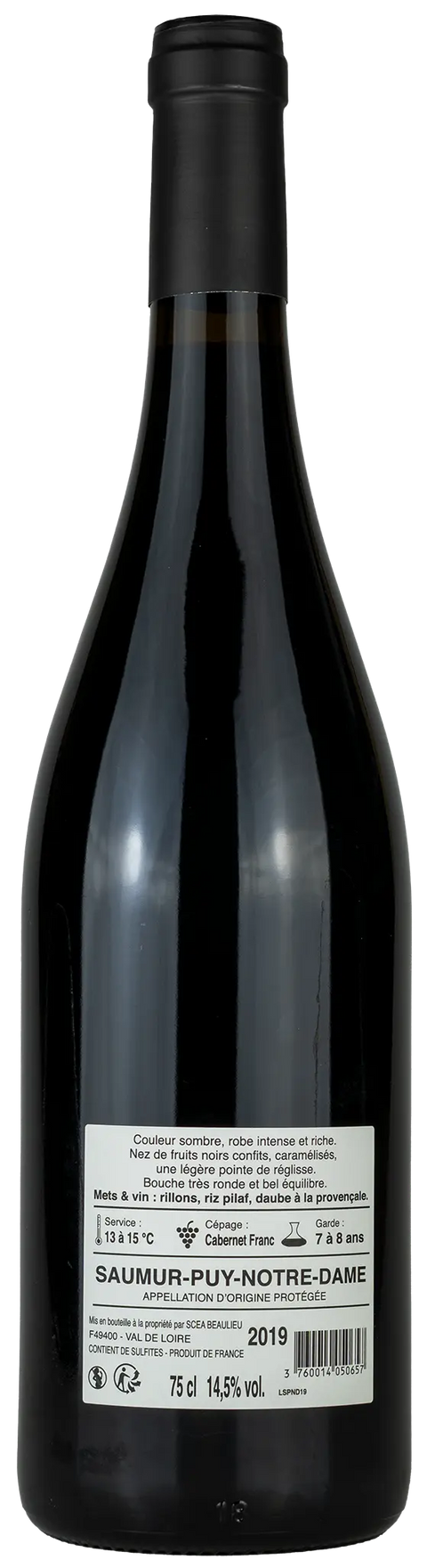 Rückseite einer Weinflasche Château d´Eternes 'L´Aubuis' 2019 aus Saumur Puy Notre Dame - Loire. Ein trockener französischer Rotwein von Leons Weinhaus