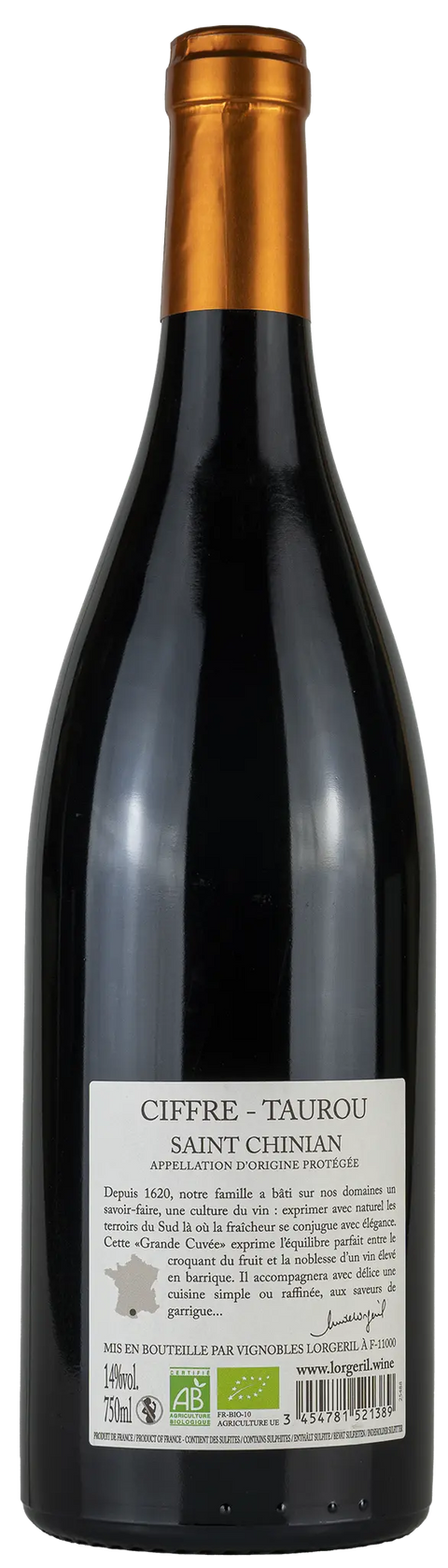 Rückseite einer Weinflasche Ciffre-Taurou 'Grande Cuvée' 2019 aus Saint Chinian - Languedoc. Ein trockener französischer Bio Rotwein aus den Rebsorten Syrah, Grenache von Leons Weinhaus