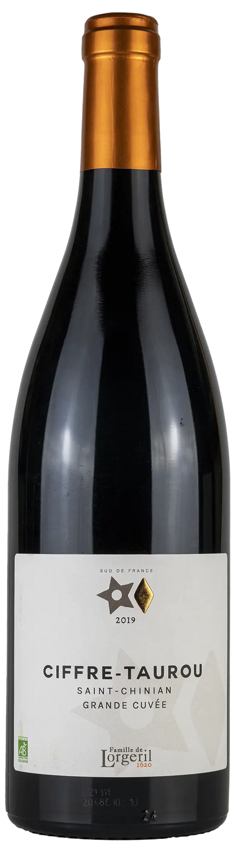 Vorderseite einer Weinflasche Ciffre-Taurou 'Grande Cuvée' 2019 aus Saint Chinian - Languedoc. Ein trockener französischer Bio Rotwein aus den Rebsorten Syrah, Grenache von Leons Weinhaus