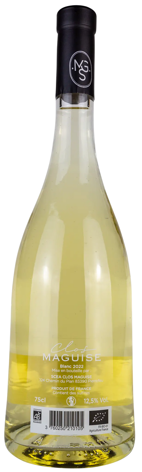 Rückseite einer Weinflasche   Clos Maguise blanc 2022 von der Côtes de Provence, ein trockener Weisswein von Leons Weinhaus